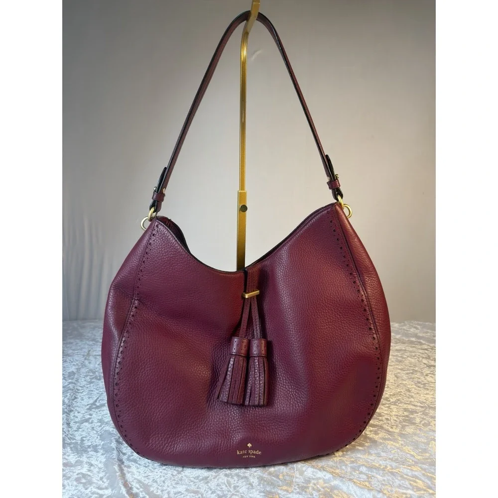 Kate Spade Leather Hobo Shoulder Bag Burgundy Pebbled Tassel Large Purse